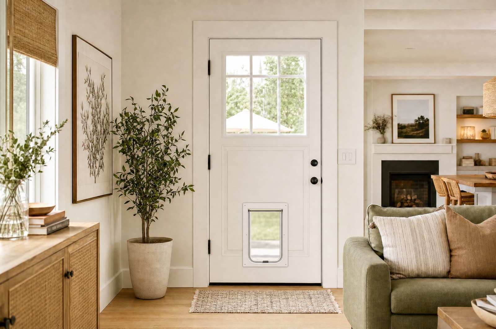 After: a pet door installed in the white entry door