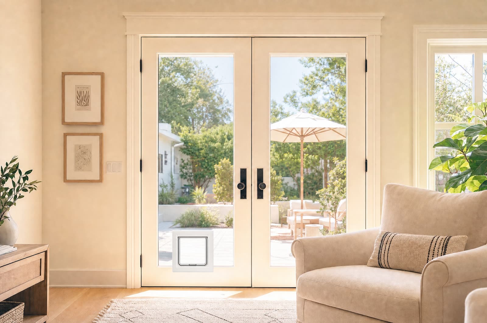 After: a pet door installed in the French patio doors