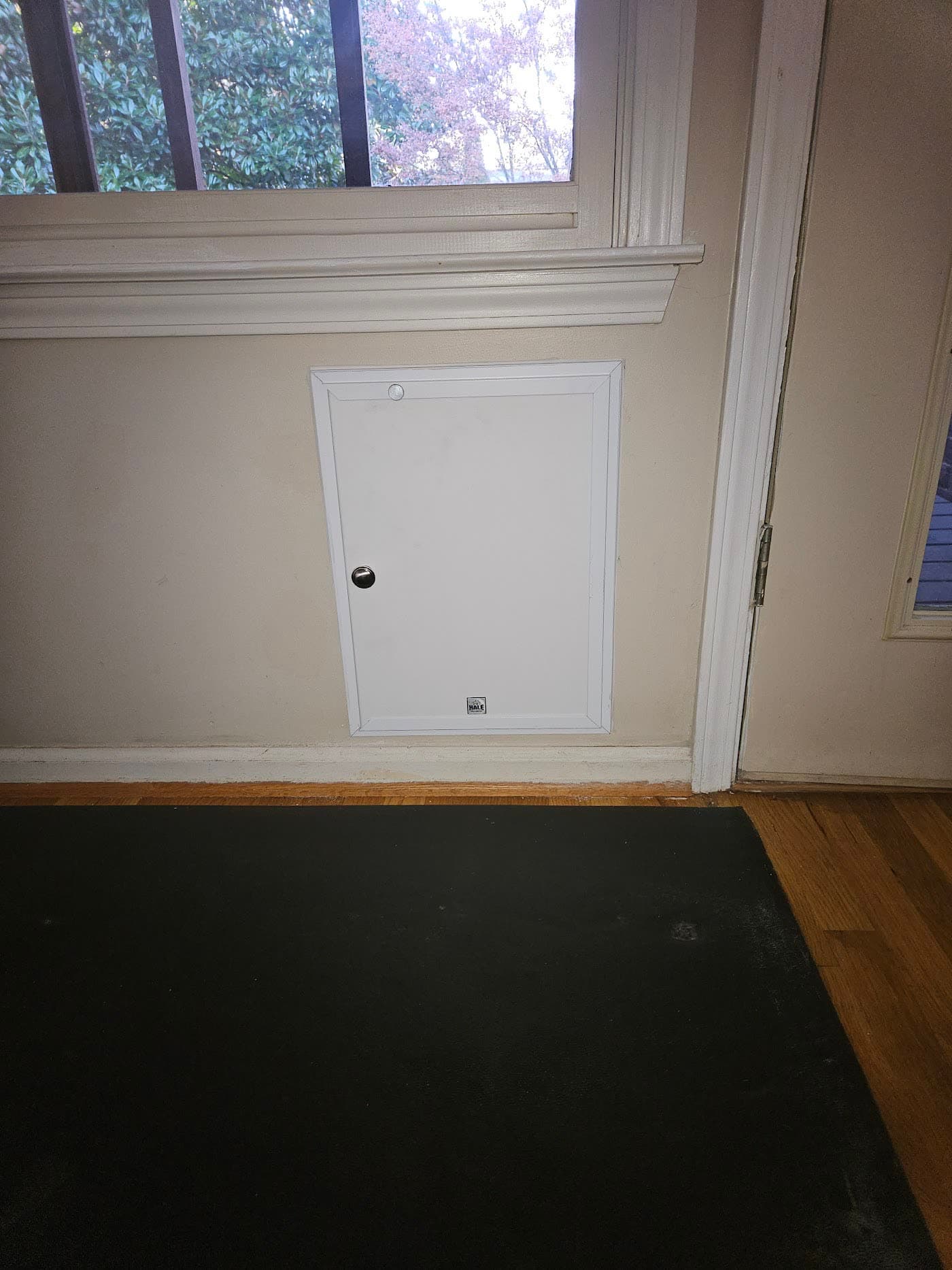 A pet door installed in a solid exterior door