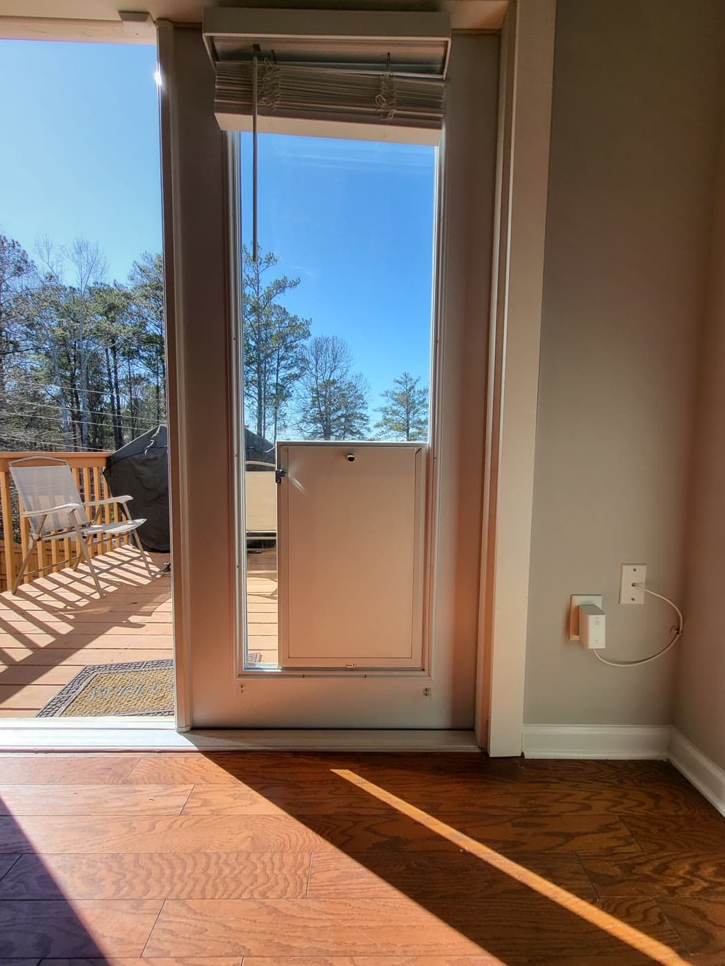 A pet door with its secure locking panel set into a glass door sidelight
