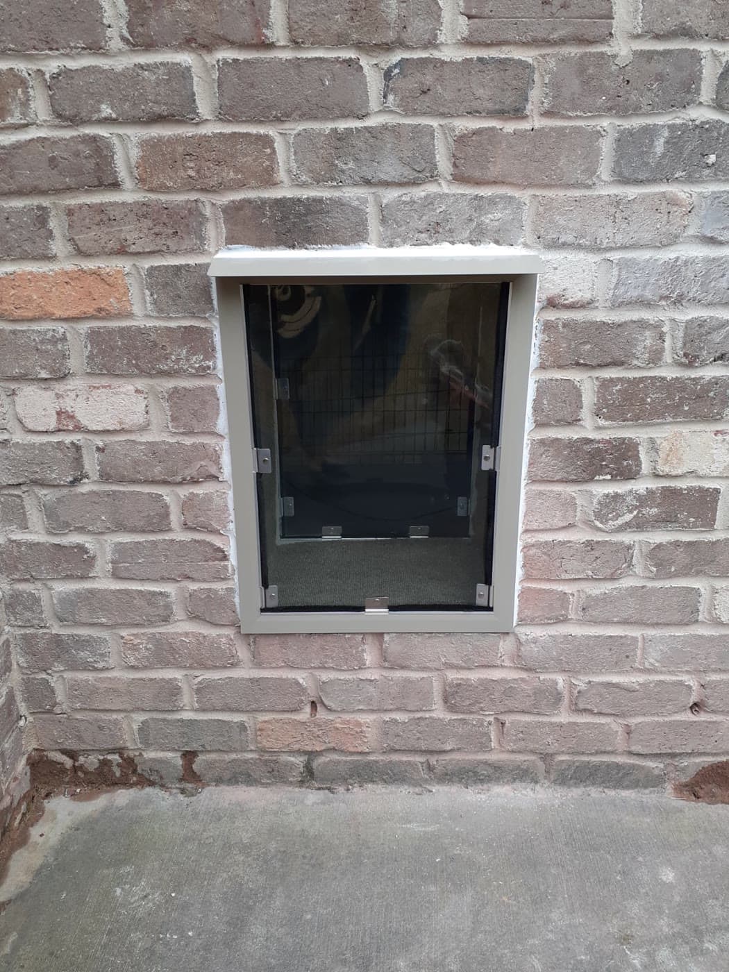 A pet door installed through a red brick exterior wall