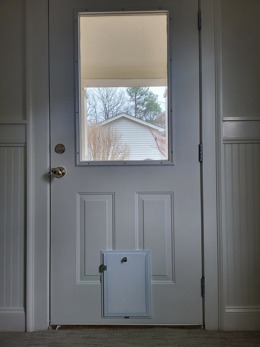 A white pet door installed in a solid panel exterior door