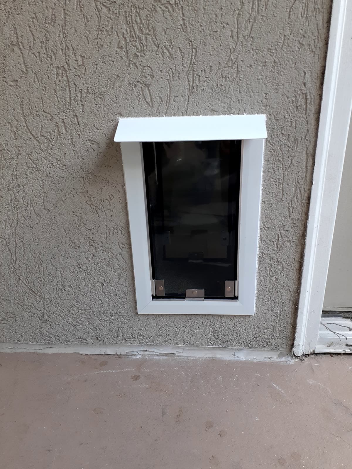 A pet door with its locking panel, installed in a solid door