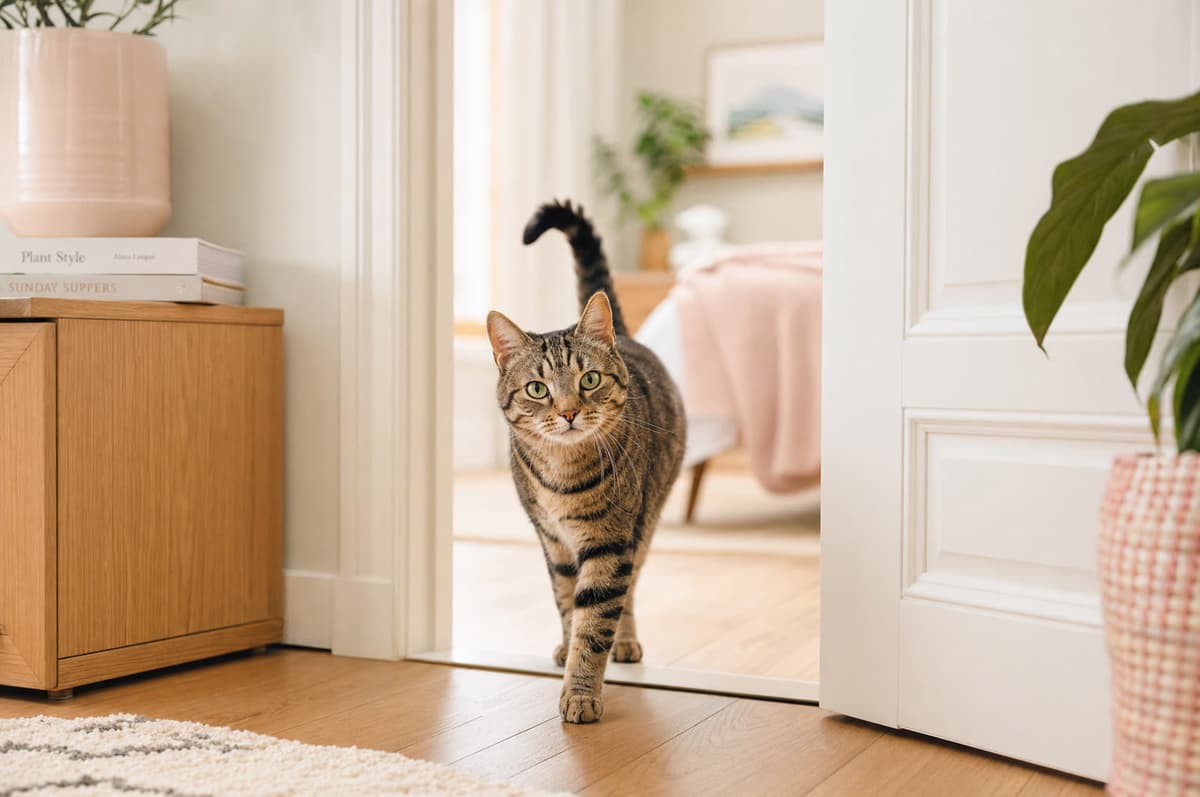 A pet peeking through a pet door