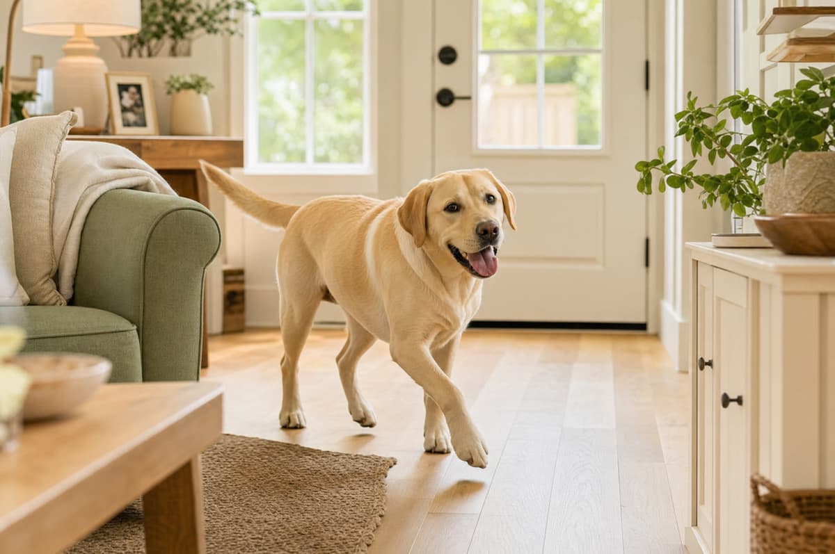 A dog and owner by a pet door